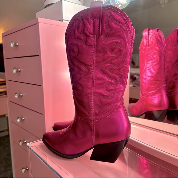 Hot Pink Metallic Leather Cowgirl Western Block Heel Boot Steve Madden - Picture 4 of 4
